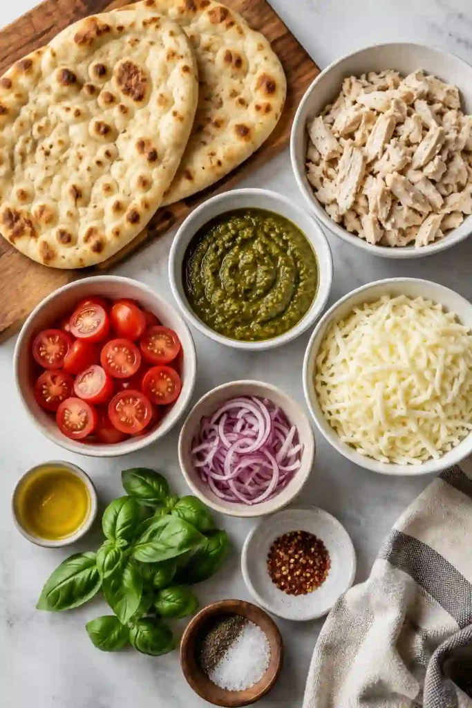 Close-up view of cheesy Pesto Chicken Flatbread featuring basil pesto, chicken breast, tomatoes, and red onion on baked naan bread.