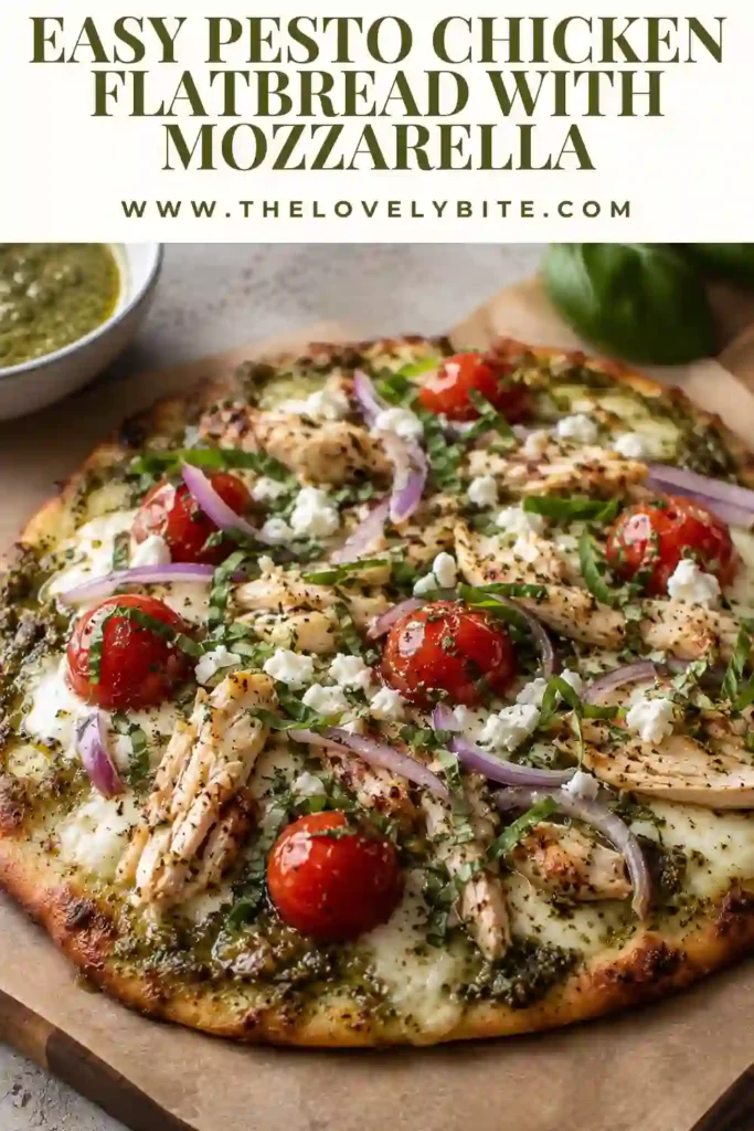 Homemade Pesto Chicken Flatbread served warm with fresh basil garnish and melted mozzarella cheese. A simple yet flavorful flatbread recipe for busy weeknights.