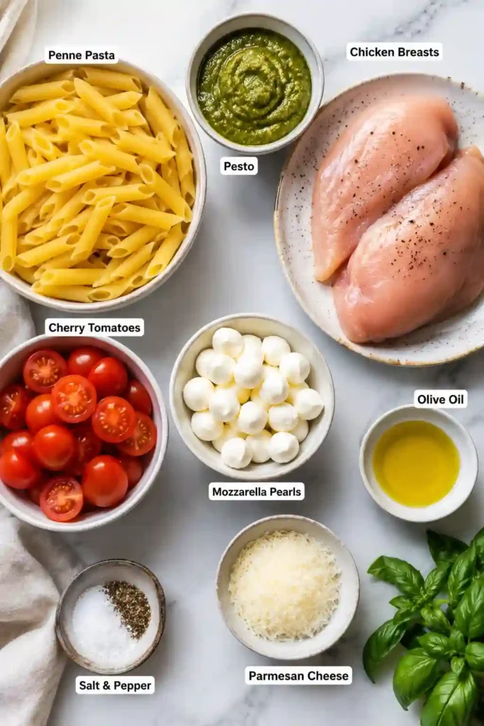Italian-inspired Pesto Chicken Pasta served in a bowl with basil pesto, grilled chicken, cherry tomatoes, and melted mozzarella pearls. Garnished with Parmesan for extra flavor.