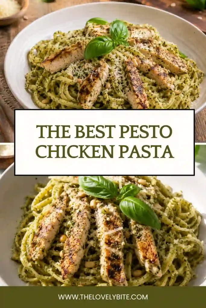 Freshly prepared Pesto Chicken Pasta topped with Parmesan cheese and basil pesto. The dish includes penne pasta, tender chicken, mozzarella pearls, and roasted tomatoes.