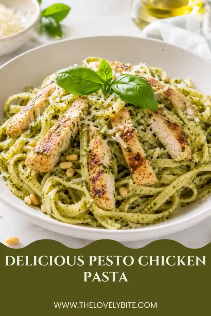 Close-up view of homemade Pesto Chicken Pasta served with fresh mozzarella pearls and Parmesan cheese. The pesto-coated penne pasta is mixed with juicy chicken and sweet tomatoes.