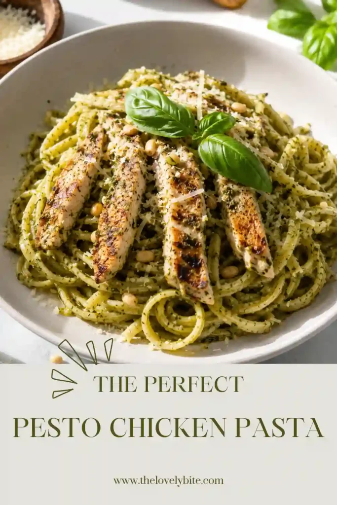 A bowl of Pesto Chicken Pasta featuring tender sliced chicken, penne pasta, cherry tomatoes, and fresh mozzarella pearls. The pasta is coated in vibrant basil pesto and topped with grated Parmesan cheese.