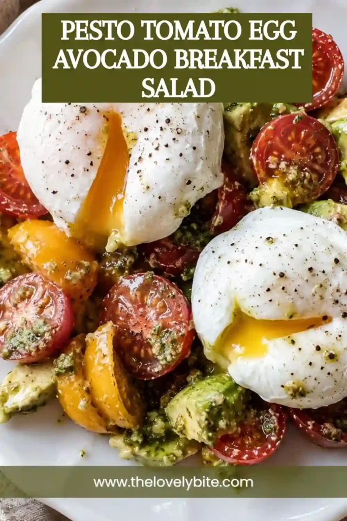 A bowl of Pesto Tomato Egg Avocado Breakfast Salad topped with perfectly poached eggs, creamy avocado, cherry tomatoes, basil pesto, and Parmesan cheese. This colorful breakfast is fresh, healthy, and protein-rich.