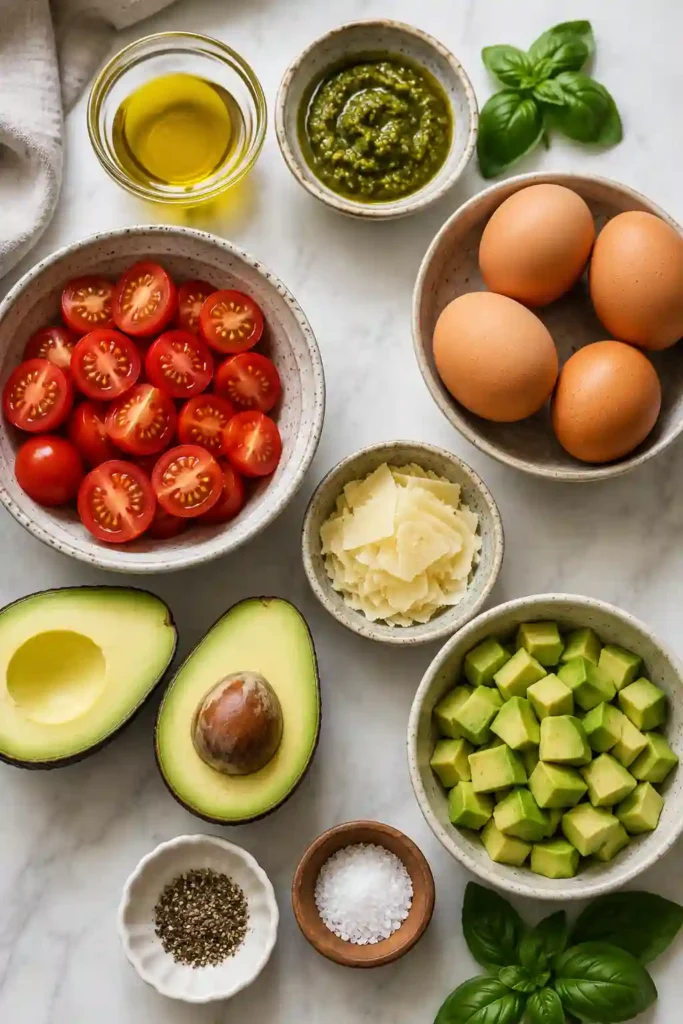 Colorful Pesto Tomato Egg Avocado Breakfast Salad served with two perfectly poached eggs, fresh basil, and Parmesan for a wholesome morning meal.