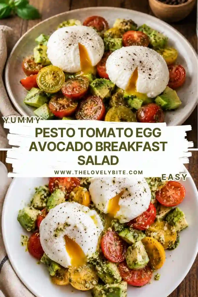 Healthy Mediterranean breakfast salad with avocado, tomatoes, pesto, Parmesan, and poached eggs garnished with fresh herbs.