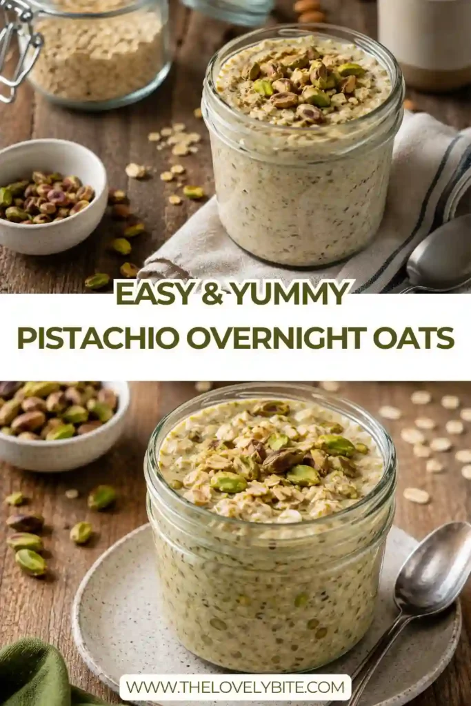 A jar of creamy Pistachio Overnight Oats topped with pistachio cream and chopped pistachios. This healthy meal prep breakfast is rich, satisfying, and perfect for busy mornings.