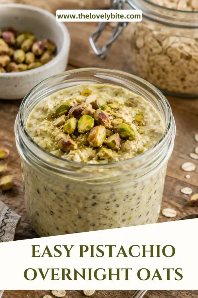 Healthy Pistachio Overnight Oats prepared in glass jars with Greek yogurt, chia seeds, and pistachios. A convenient make-ahead breakfast packed with protein and fiber.