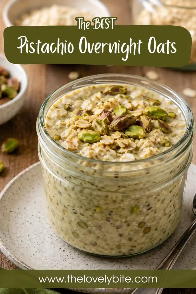 Pistachio Overnight Oats served in a breakfast jar with fresh fruit and chopped pistachios. A healthy and delicious overnight oats recipe for meal prep.