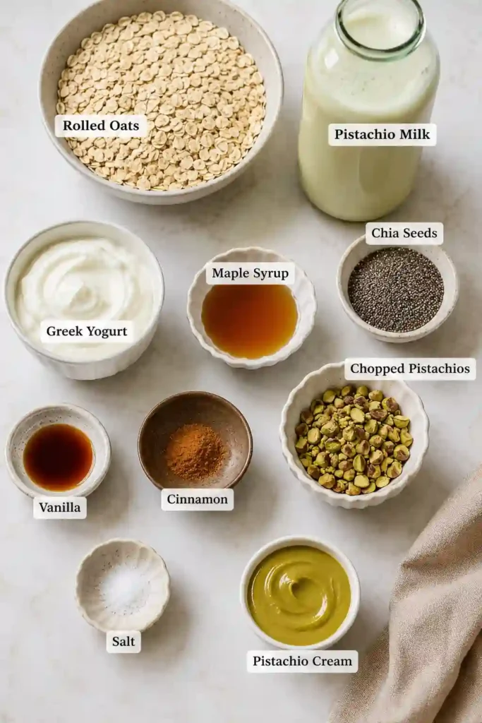 Close-up view of Pistachio Overnight Oats topped with pistachio cream and crushed pistachios. A creamy high-protein breakfast prepared in advance.