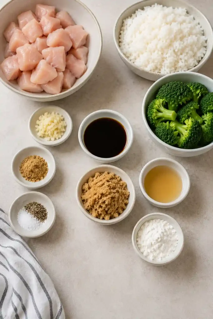 A bowl of quick teriyaki chicken served over fluffy white rice with steamed broccoli. The chicken is coated in a glossy homemade teriyaki sauce for a delicious weeknight dinner.