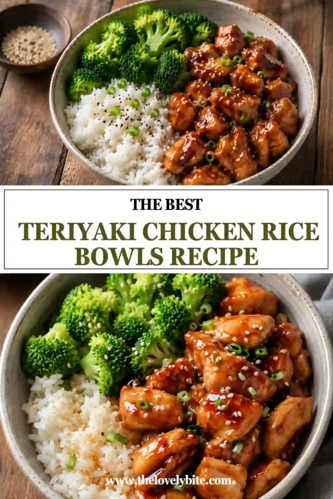 Close-up of a teriyaki chicken rice bowl featuring juicy glazed chicken, steamed broccoli, and perfectly cooked rice. A quick and satisfying dinner recipe.