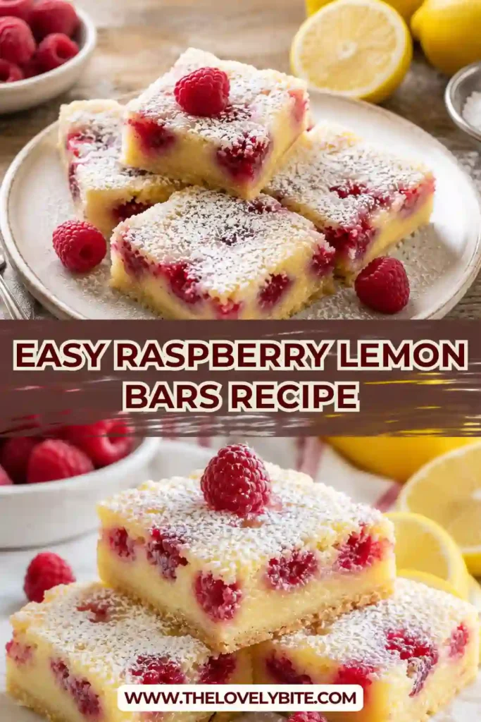Fresh Raspberry Lemon Bars dusted with powdered sugar and sliced into neat squares. The buttery shortbread crust and vibrant pink lemon filling create a beautiful homemade dessert.