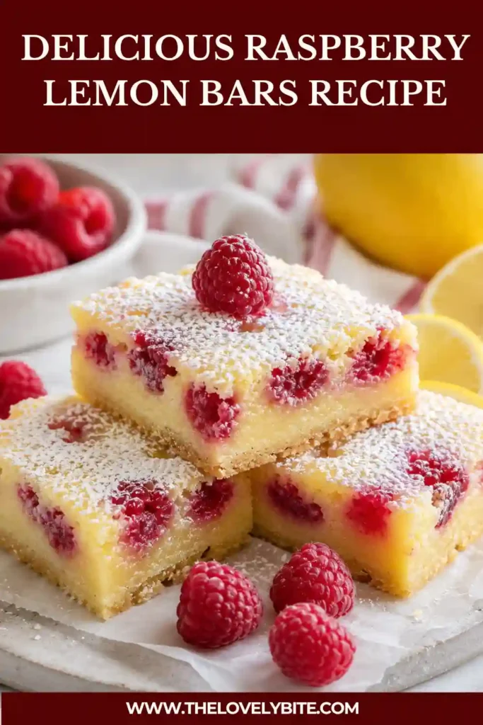 Homemade Raspberry Lemon Bars arranged on a serving plate with fresh raspberries and lemon slices. The bars feature a creamy citrus filling and golden shortbread base.