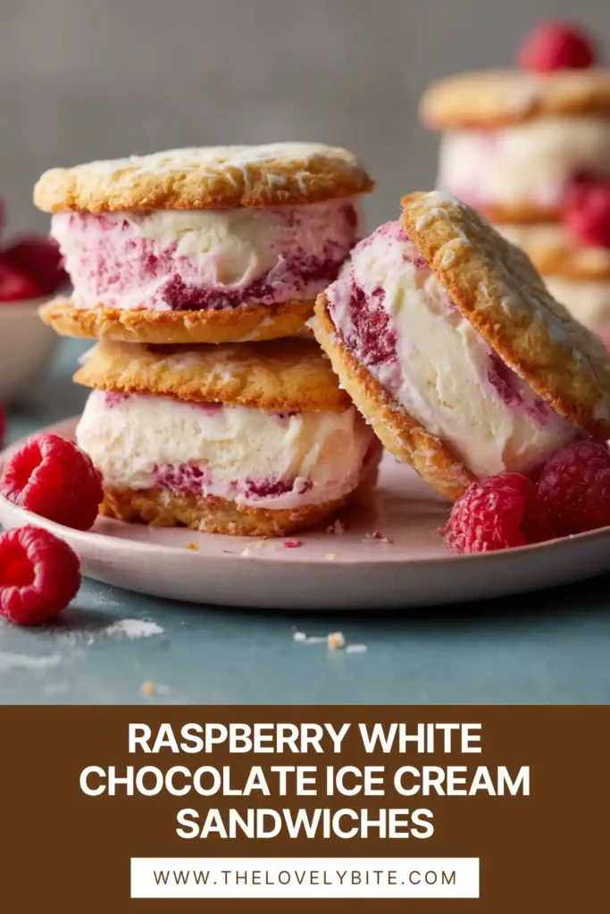 No-churn raspberry ice cream sandwiched between golden ginger biscuits.