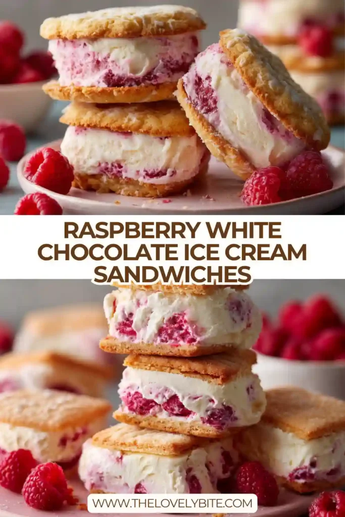 Homemade raspberry ice cream sandwiches filled with white chocolate and frozen between crisp cookies.