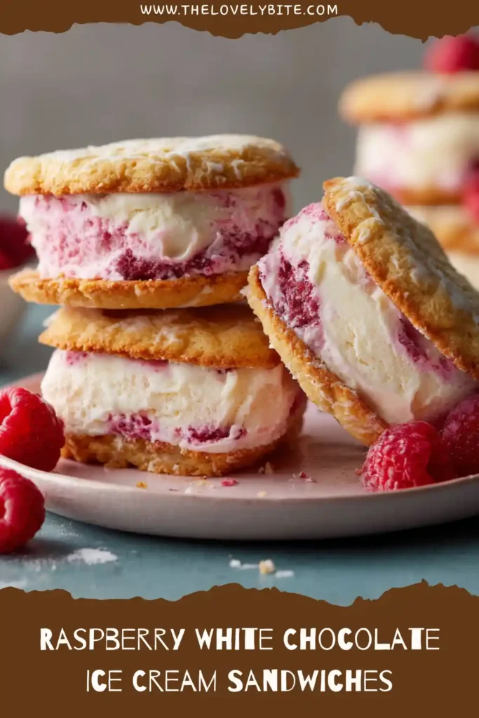Raspberry White Chocolate Ice Cream Sandwiches made with ginger biscuits and creamy raspberry ripple ice cream.