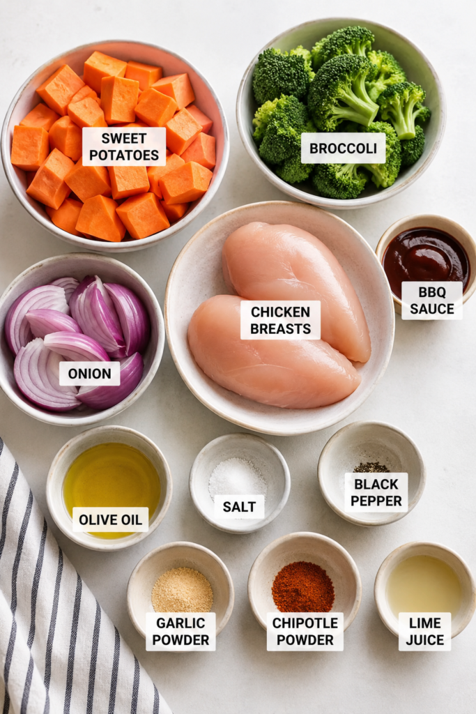 Roasted BBQ Chicken and Sweet Potato Bowls served warm with fresh lime juice and roasted vegetables. A wholesome meal packed with protein and bold barbecue flavor.