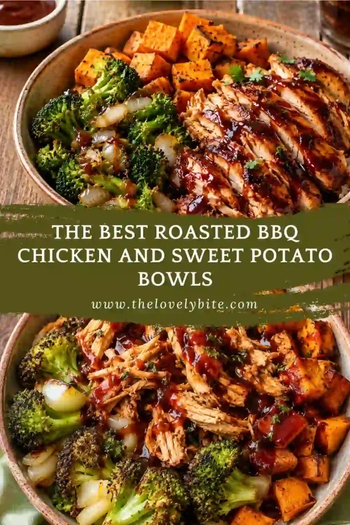 A bowl filled with shredded BBQ chicken, roasted sweet potatoes, broccoli florets, and caramelized onions. This Roasted BBQ Chicken and Sweet Potato Bowl is a colorful and healthy meal prep option.