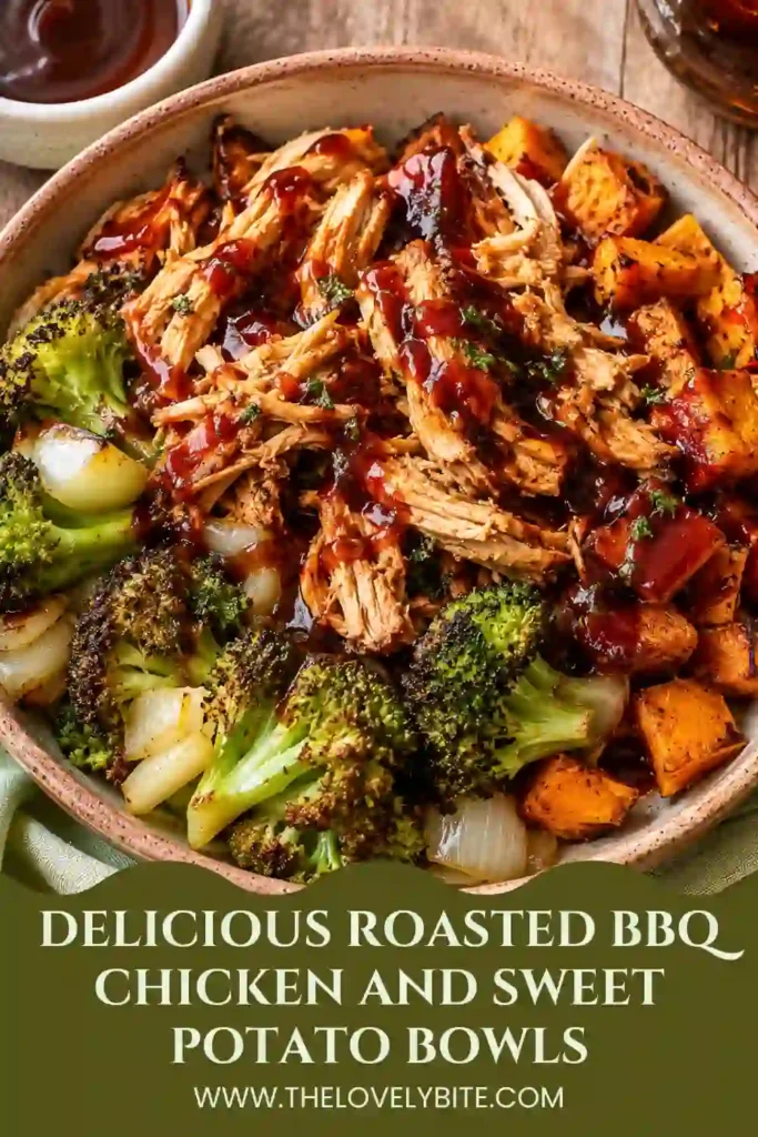 Freshly prepared Roasted BBQ Chicken and Sweet Potato Bowls topped with saucy shredded chicken and roasted vegetables. A balanced high-protein dinner with vibrant colors and textures.