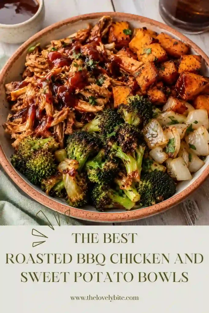 Close-up of a BBQ chicken bowl featuring shredded chicken, roasted sweet potatoes, broccoli, and onions. This easy sheet pan meal is ideal for family dinners and meal prep.