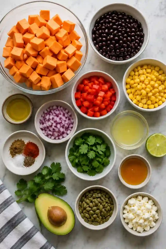 A bowl of Roasted Sweet Potato Black Bean Salad filled with roasted sweet potatoes, black beans, corn, red bell peppers, and fresh cilantro. The colorful ingredients are tossed in a bright lime dressing for a healthy and flavorful meal.