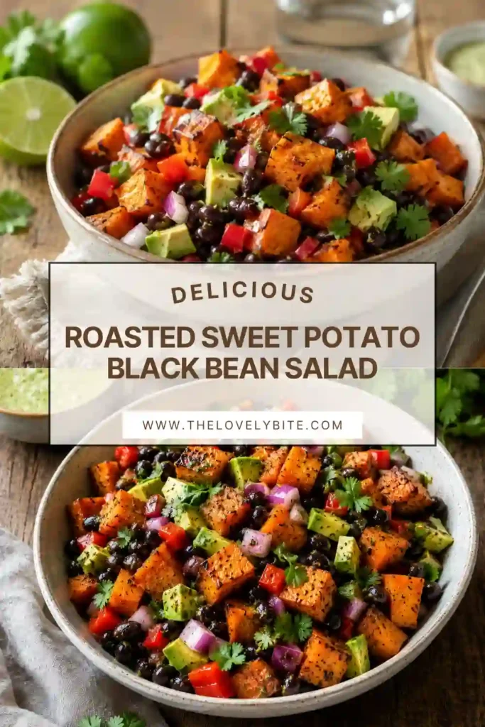 Fresh Roasted Sweet Potato Black Bean Salad topped with avocado and pumpkin seeds. This healthy vegetarian salad is packed with texture, color, and nutritious ingredients.