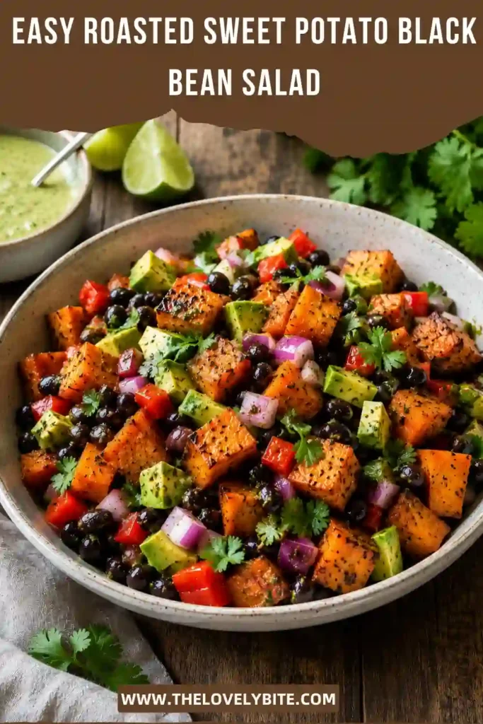 Homemade Roasted Sweet Potato Black Bean Salad served in a large bowl with corn, red onion, and cilantro. This wholesome salad is ideal for lunch or dinner.