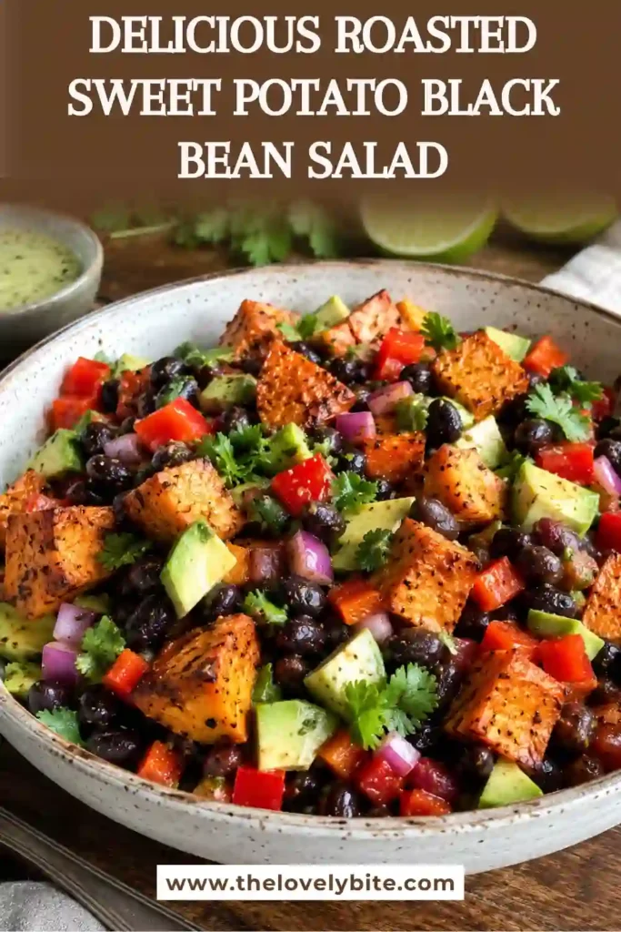 A healthy roasted vegetable salad made with sweet potatoes, black beans, bell peppers, and lime dressing. The salad is garnished with fresh herbs and optional feta cheese.