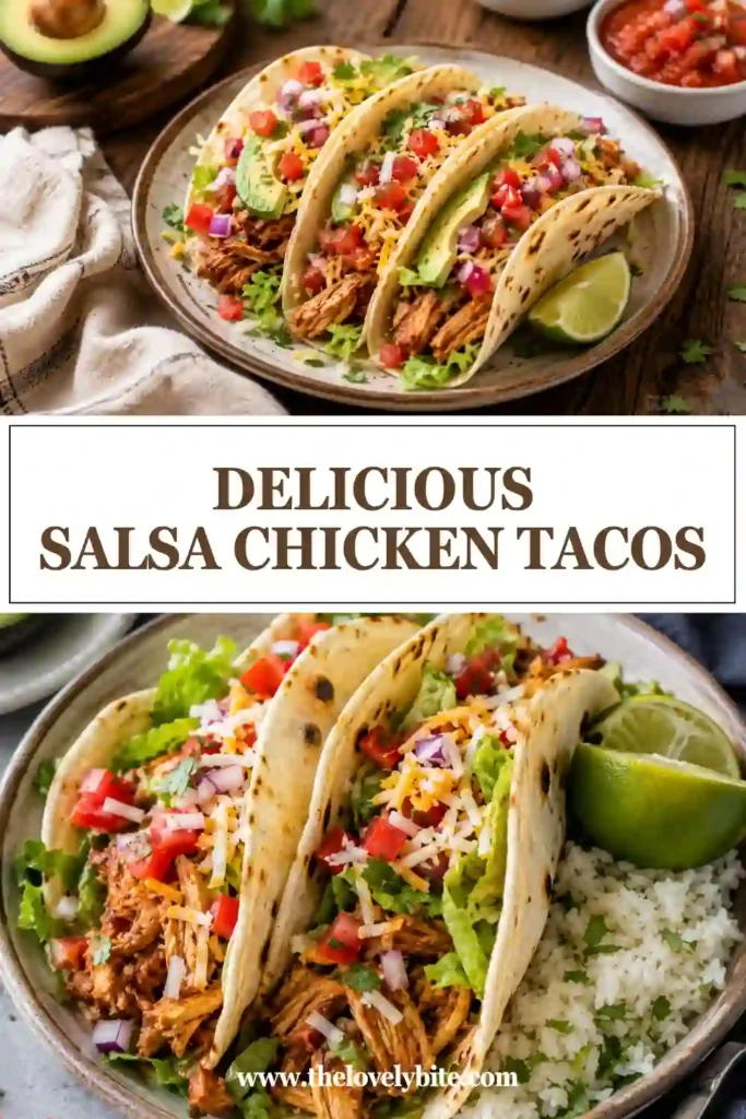 Fresh Salsa Chicken Tacos filled with juicy shredded chicken, crisp lettuce, tomatoes, cheese, avocado, and cilantro in warm tortillas. A colorful and easy Mexican-inspired dinner.