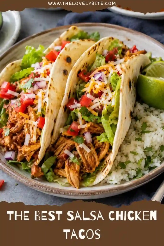 Instant Pot Salsa Chicken Tacos served with creamy guacamole, shredded cheese, fresh tomatoes, and romaine lettuce. Perfect for Taco Tuesday or family dinners.