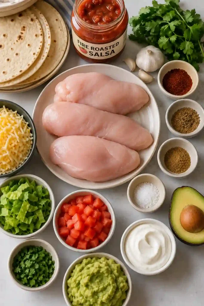 Homemade Salsa Chicken Tacos featuring juicy shredded chicken cooked in fire-roasted salsa and topped with fresh avocado, cheese, cilantro, and tomatoes.