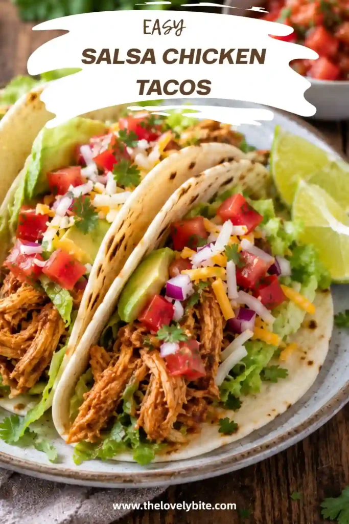 Slow Cooker Salsa Chicken Tacos made with tender shredded chicken and smoky spices, topped with fresh vegetables and served in warm tortillas.