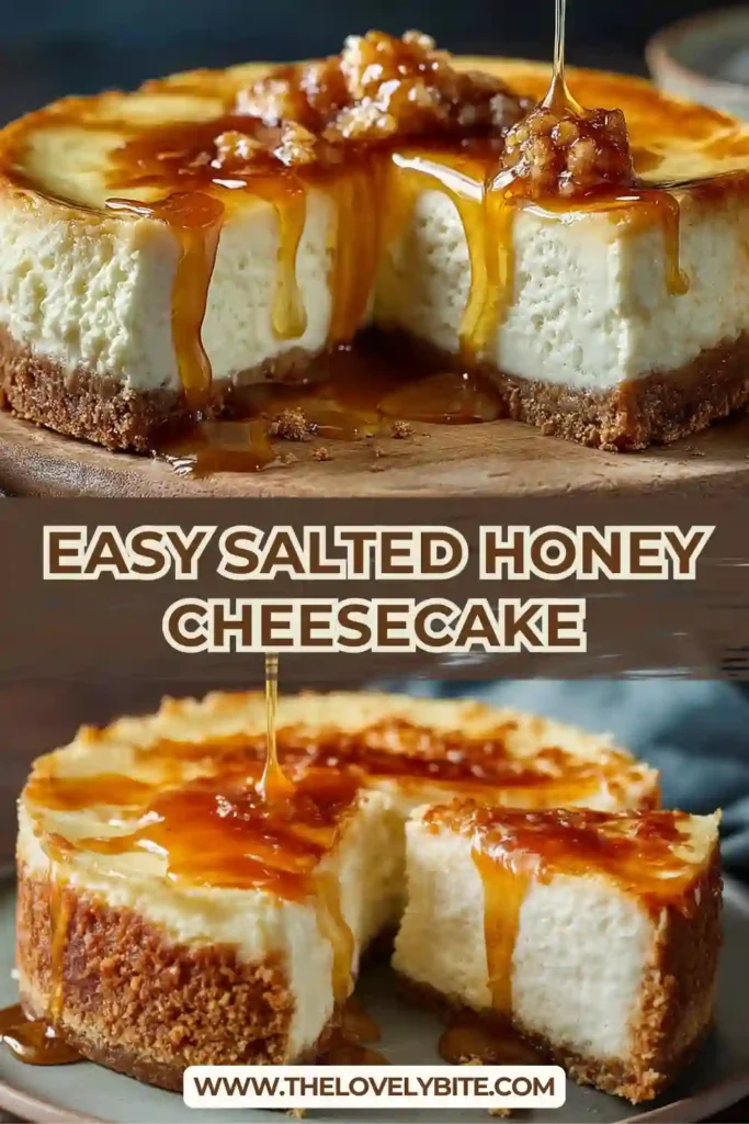 A slice of Salted Honey Cheesecake topped with glossy salted honey caramel and sea salt flakes. The creamy filling sits on a crunchy ginger biscuit crust.