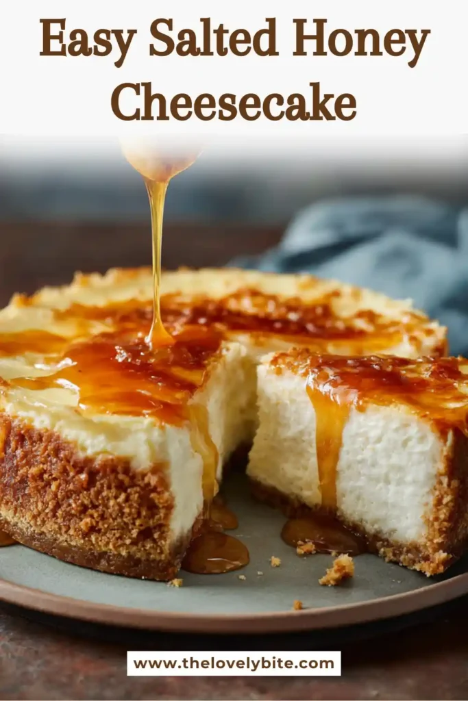 Homemade Salted Honey Cheesecake served with a smooth honey glaze and sour cream topping. The dessert has a rich texture and golden honey color.