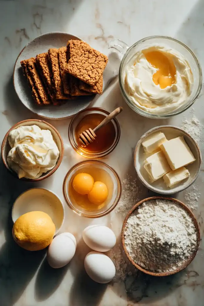 Elegant Salted Honey Cheesecake displayed on a serving plate with caramelized honey topping. The cheesecake has a smooth texture and golden finish.