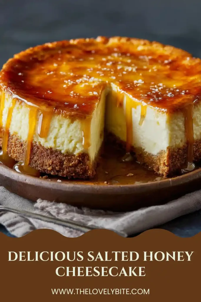 Close-up view of a baked Salted Honey Cheesecake with a ginger biscuit base and glossy honey drizzle. Sea salt flakes enhance the sweet honey flavor.