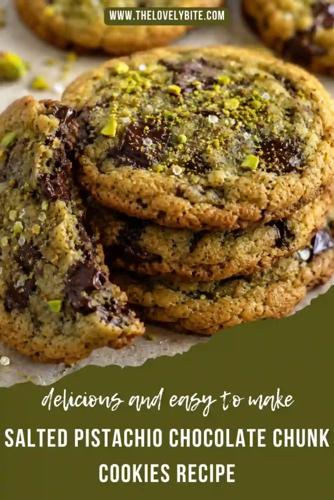 Freshly baked Salted Pistachio Chocolate Chunk Cookies topped with ground pistachios and flaky sea salt. These chewy cookies feature rich dark chocolate chunks and vibrant matcha for a bakery-style finish.