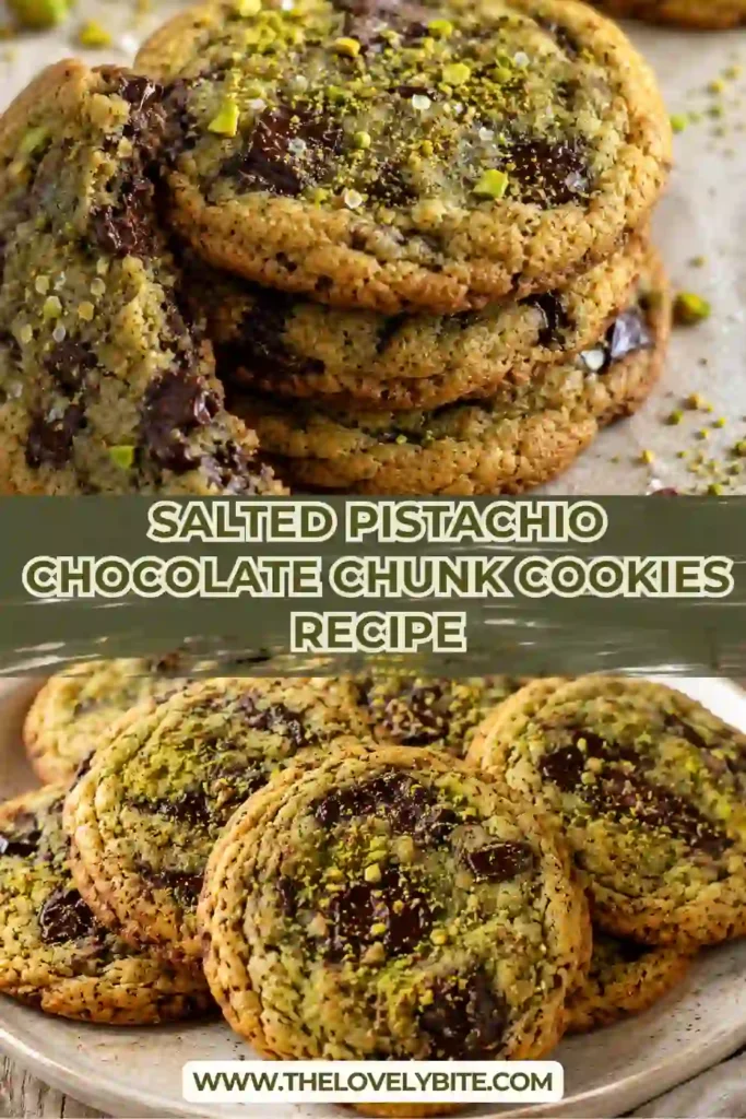 Close-up of homemade Salted Pistachio Chocolate Chunk Cookies with melted dark chocolate and roasted pistachios. The cookies have golden edges and soft, chewy centers.