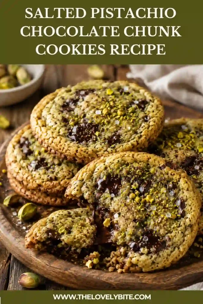 A plate of bakery-style Salted Pistachio Chocolate Chunk Cookies made with matcha, pistachio paste, and dark chocolate chunks. Perfect for holidays or everyday desserts.