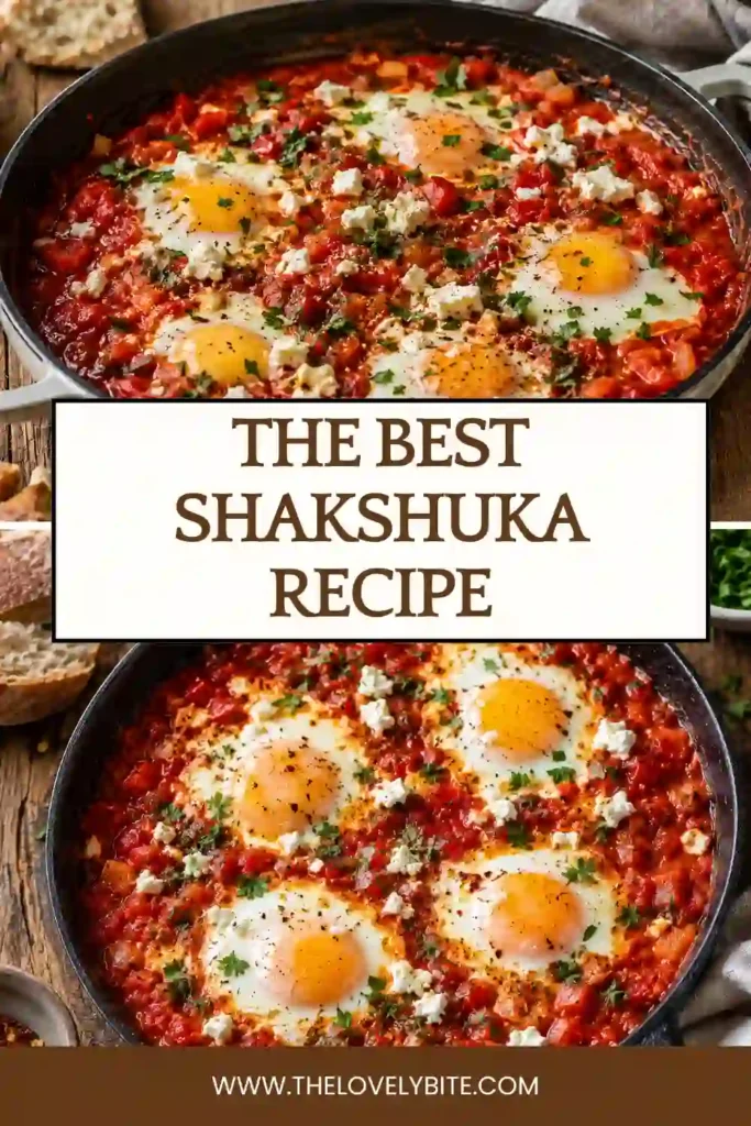 A skillet of shakshuka featuring eggs poached in a rich tomato and pepper sauce. Fresh parsley and mint add vibrant color and Mediterranean flavor.