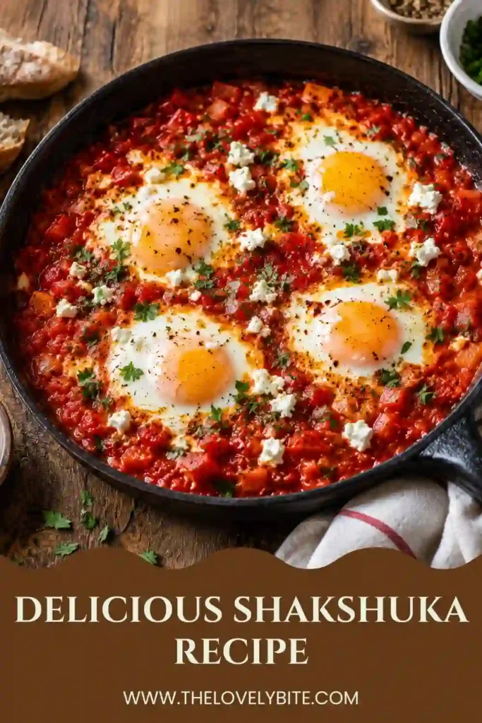 Traditional shakshuka served in a cast-iron pan with perfectly cooked eggs and seasoned tomato sauce. A healthy Mediterranean breakfast ready to enjoy.
