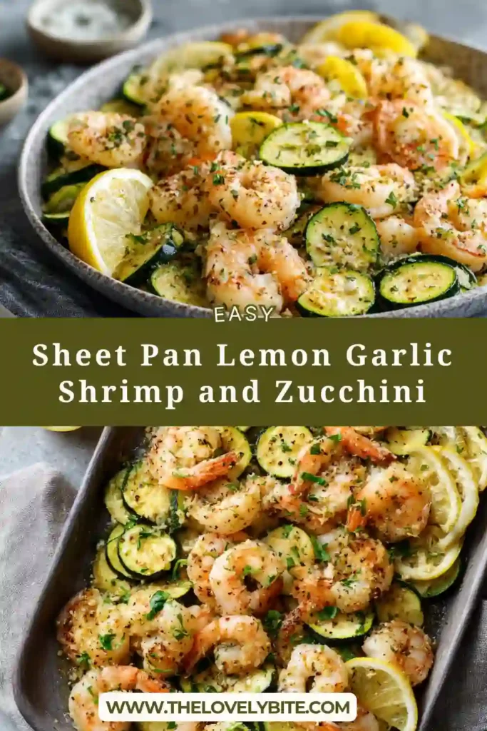 A sheet pan filled with roasted zucchini, onions, and lemon garlic shrimp garnished with fresh parsley. This healthy shrimp dinner is colorful, fresh, and perfect for a quick weeknight meal.