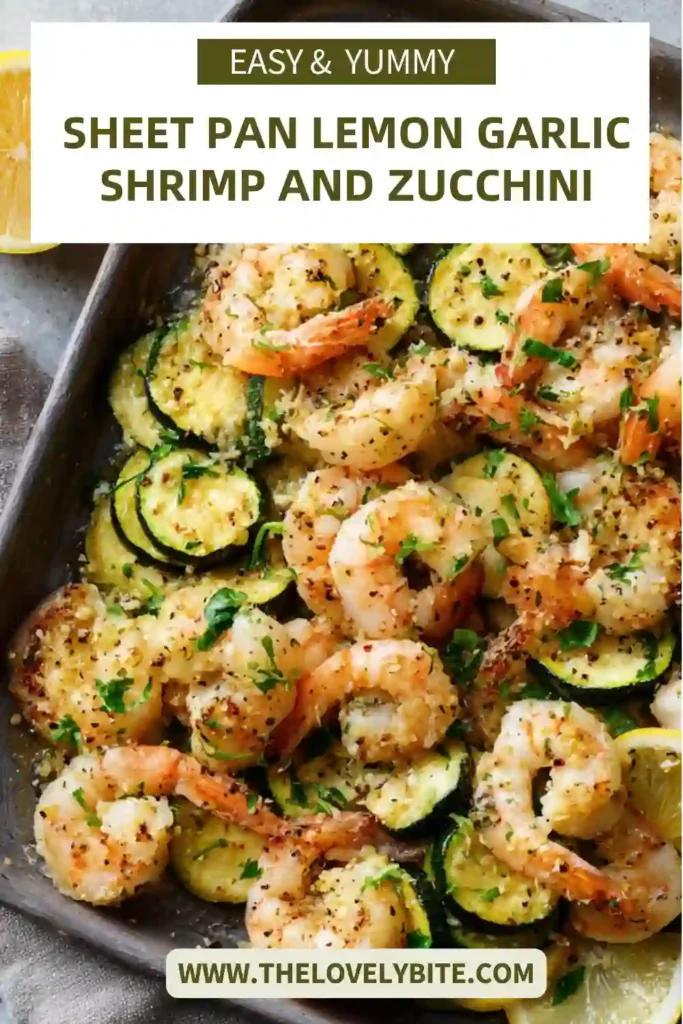 Golden roasted zucchini surrounds perfectly cooked lemon garlic shrimp on a baking sheet. A simple low-carb seafood dinner packed with fresh flavor.