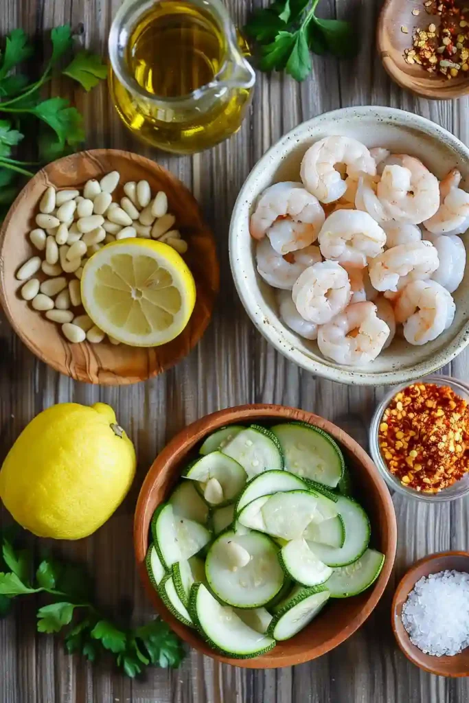 A close-up of Sheet Pan Lemon Garlic Shrimp and Zucchini garnished with herbs and fresh lemon juice. This quick seafood dinner is colorful and appetizing.