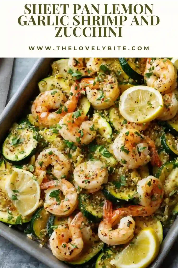 Healthy sheet pan shrimp and zucchini topped with parsley and toasted pine nuts. This easy seafood recipe is ready in under 30 minutes.