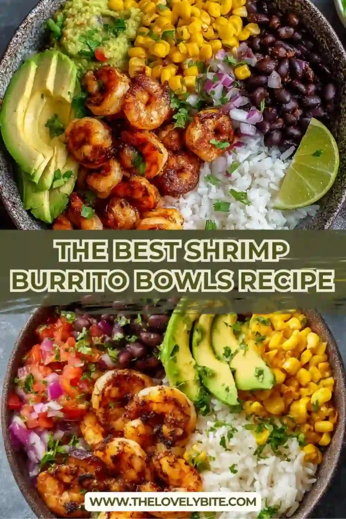 A colorful bowl of Shrimp Burrito Bowls topped with seasoned shrimp, black beans, fire-roasted corn, avocado slices, and fresh cilantro over fluffy rice. This healthy Mexican-inspired meal is vibrant and packed with protein.