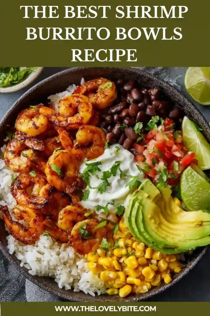 Close-up of homemade Shrimp Burrito Bowls featuring juicy shrimp, creamy avocado, charred bell peppers, and smoky black beans. A fresh and satisfying dinner option perfect for meal prep.