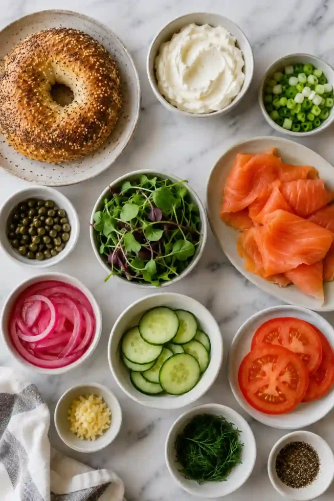 A close-up view of a smoked salmon bagel sandwich layered with fresh vegetables, whipped cream cheese, and capers on a toasted bagel. Perfect for brunch gatherings and weekend breakfasts.