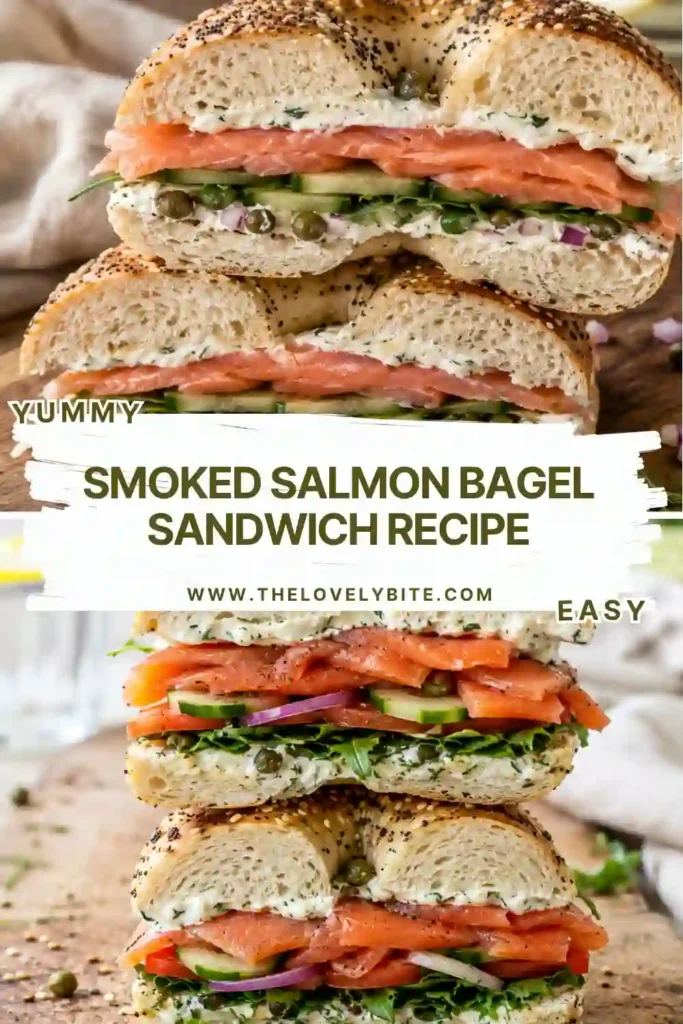 A toasted bagel filled with smoked salmon, garlic dill cream cheese, fresh cucumber slices, tomatoes, microgreens, and capers. This colorful smoked salmon bagel sandwich makes an elegant breakfast or brunch option.