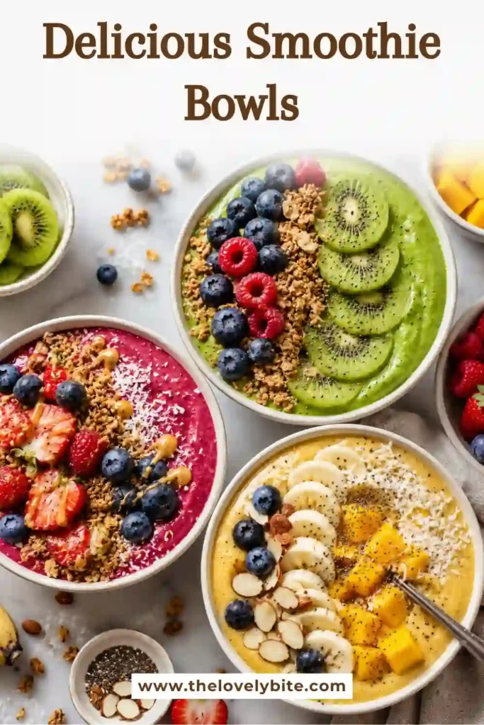 A thick and creamy Smoothie Bowl topped with fresh berries, granola, and chia seeds. This healthy breakfast bowl features vibrant colors and nutritious ingredients for a refreshing start to the day.